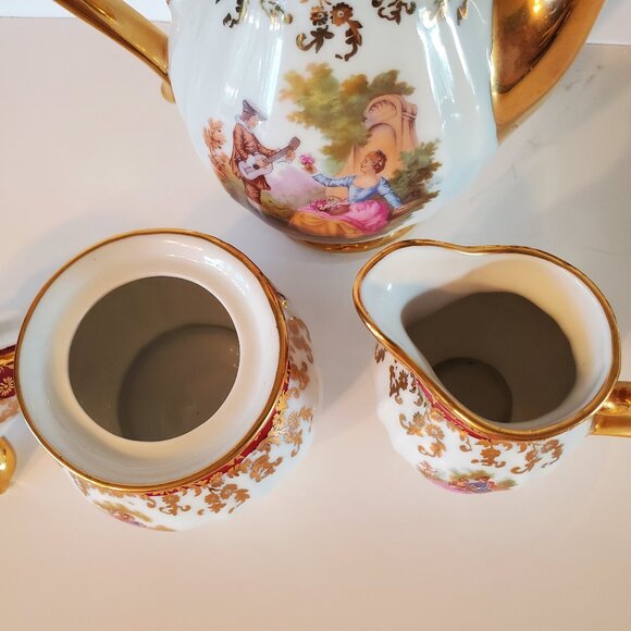 Beautiful H K Bavarian Germany Handarbeit 22 Karat Gold And Burgundy Tea Set - Picture 9 of 16